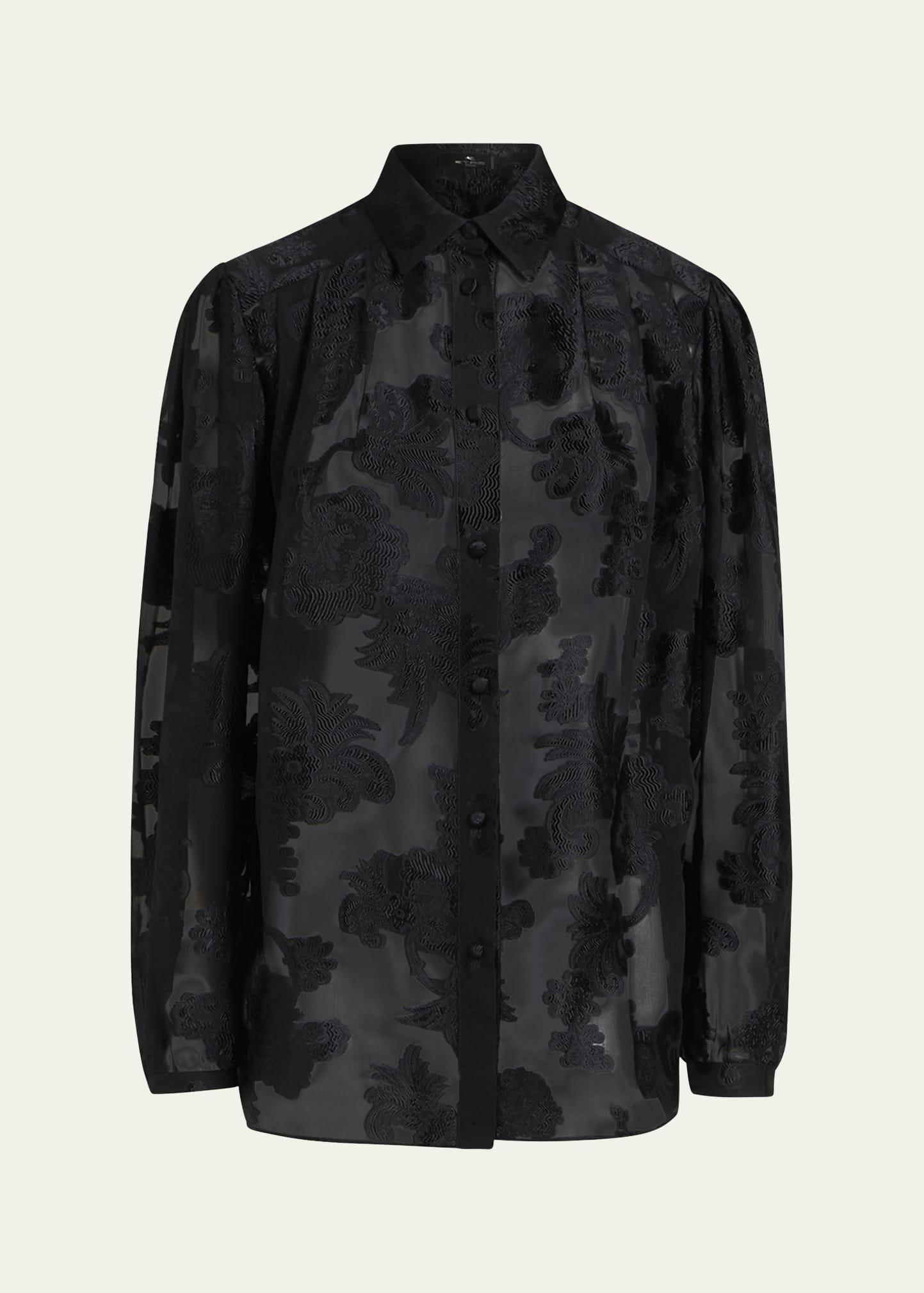 floral-embroidered semi sheer blouse