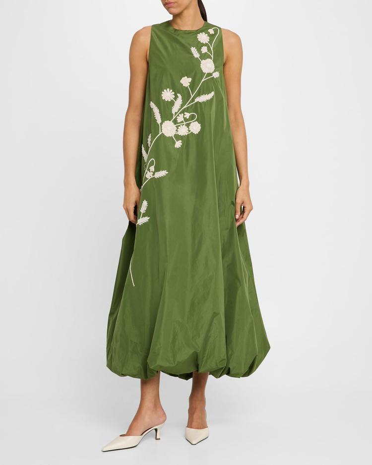 floral-embroidered sleeveless bubble midi dress