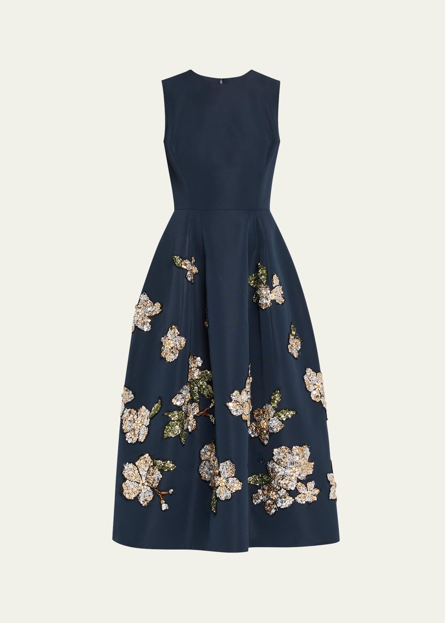 floral embroidered sleeveless midi cocktail dress