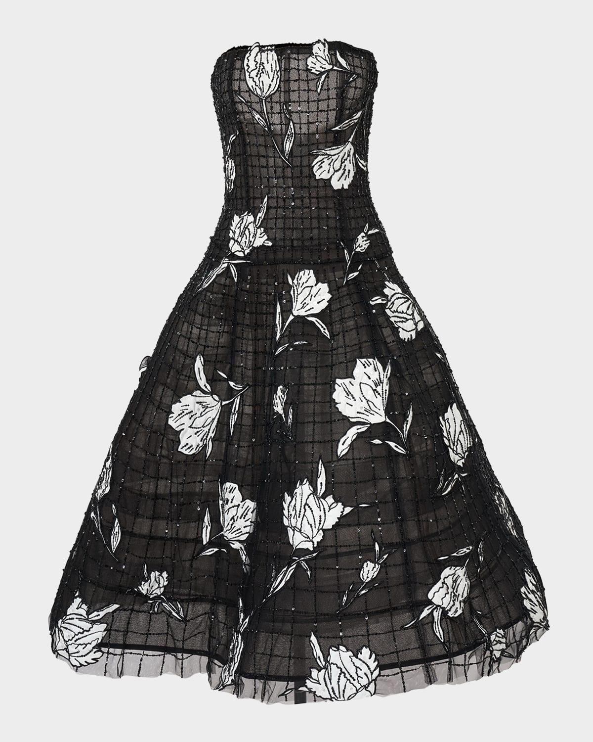 floral embroidered strapless drop-waist dress