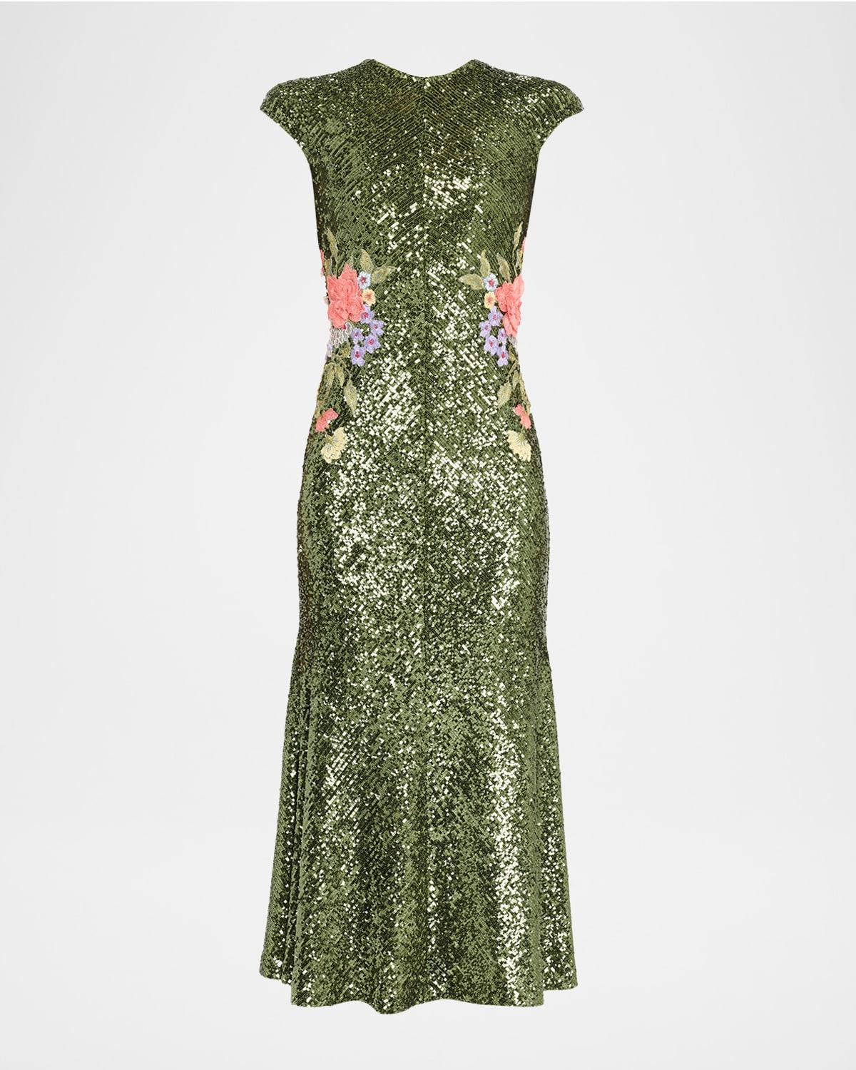 floral embroidered stretch sequin cap-sleeve midi dress