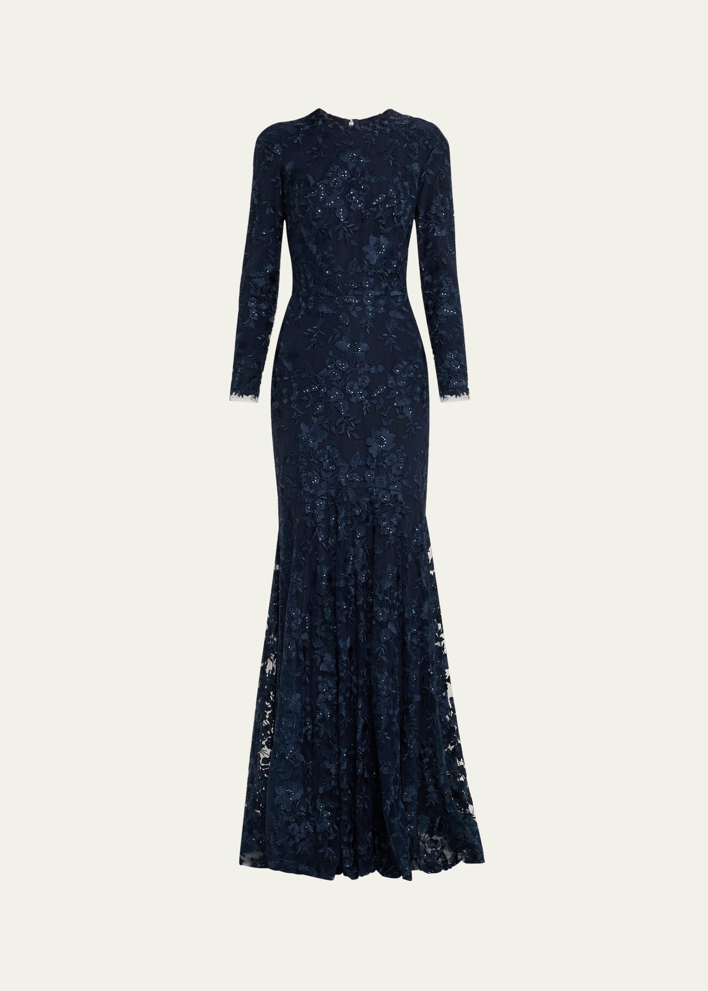 floral embroidered tulle long sleeve gown