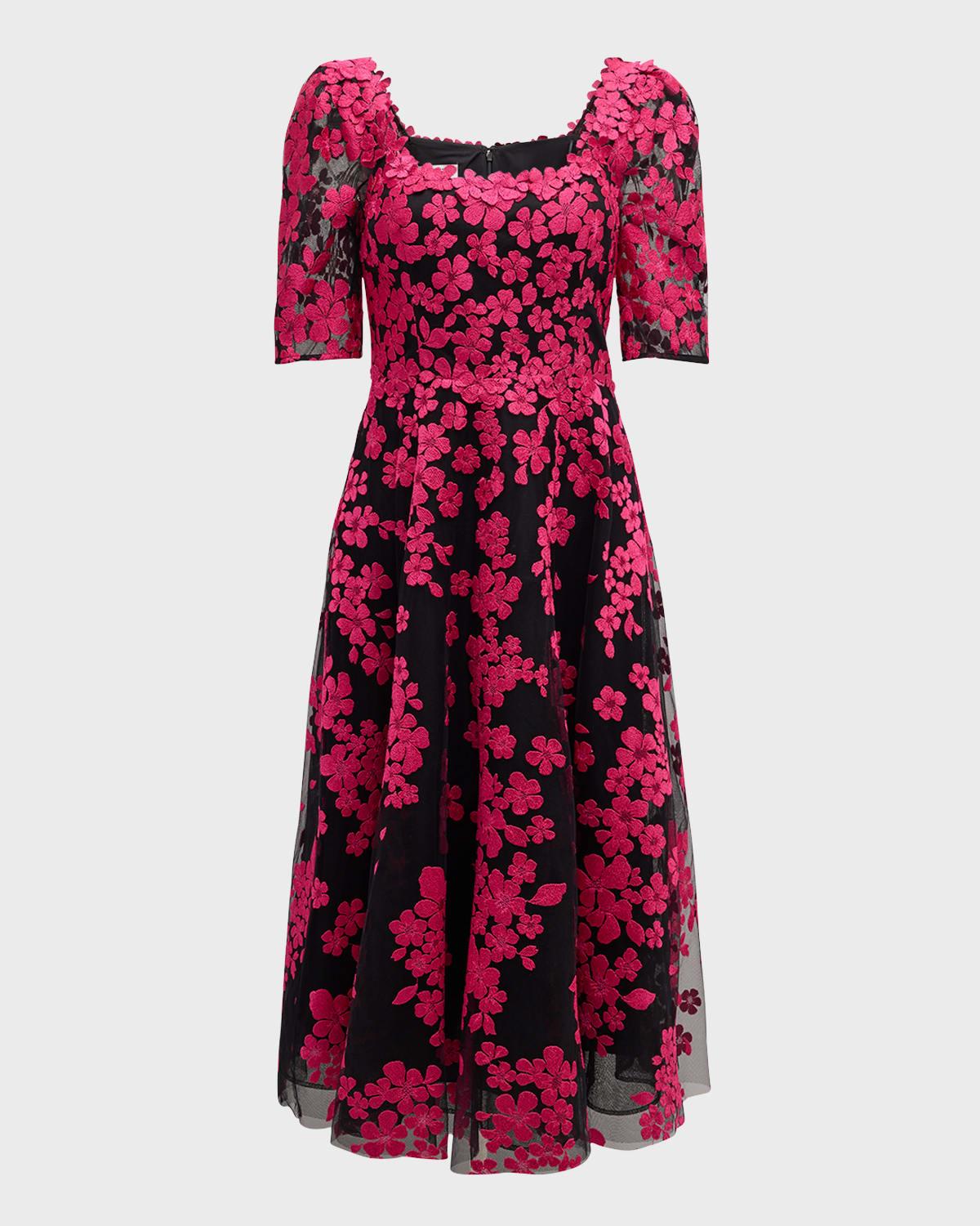 floral-embroidered tulle midi dress