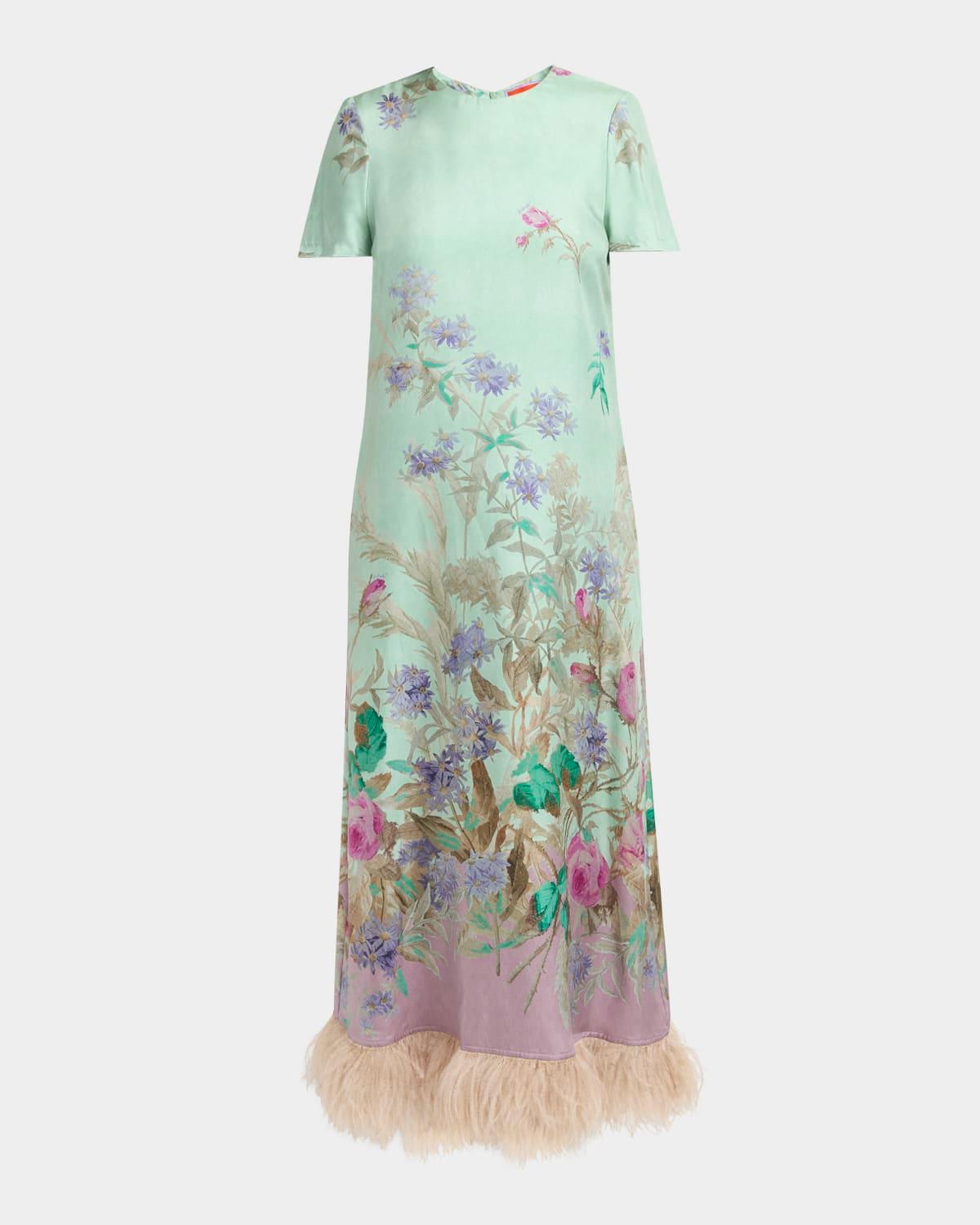 floral feather-trim maxi swing dress