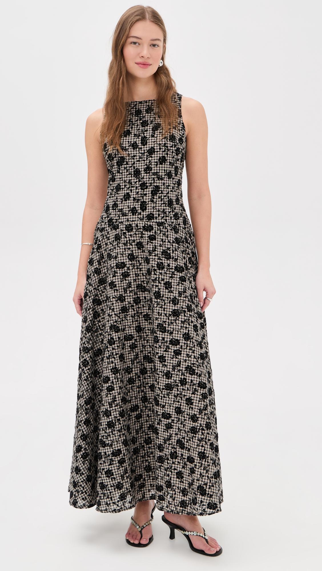 floral flocked gingham maxi dress