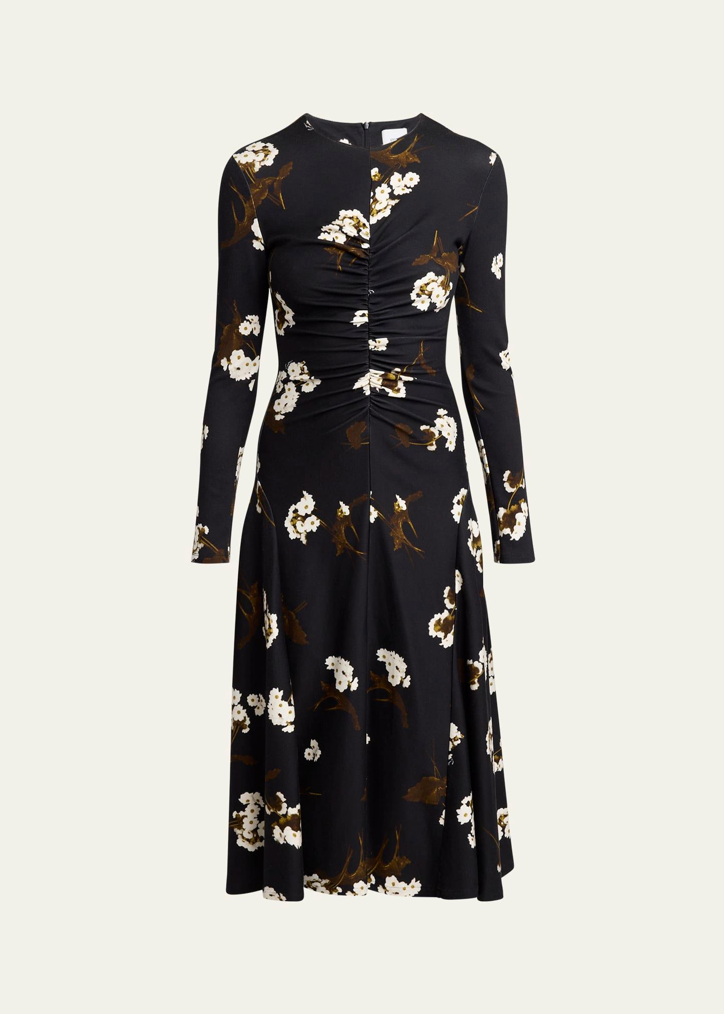 floral gathered long sleeve midi dress
