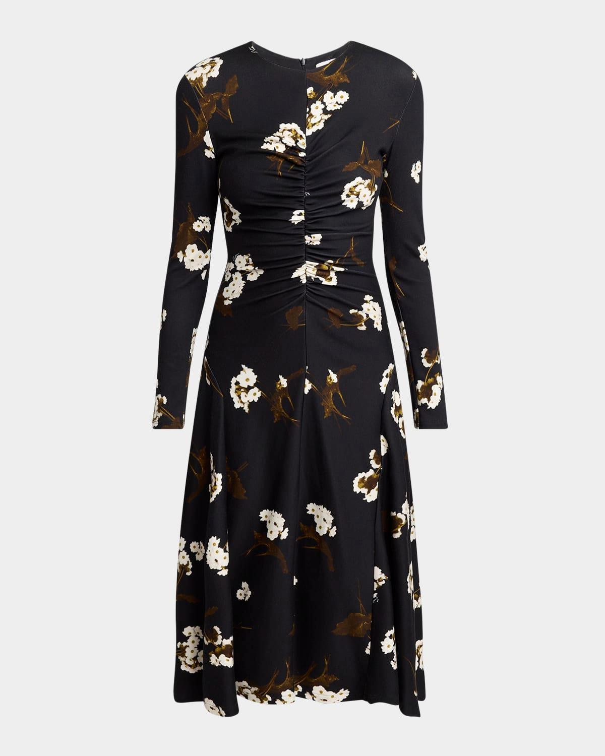 floral gathered long sleeve midi dress