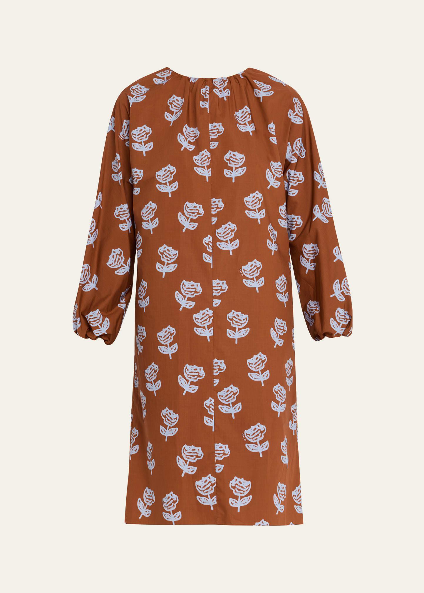 floral gathered-neck long-sleeve midi dress