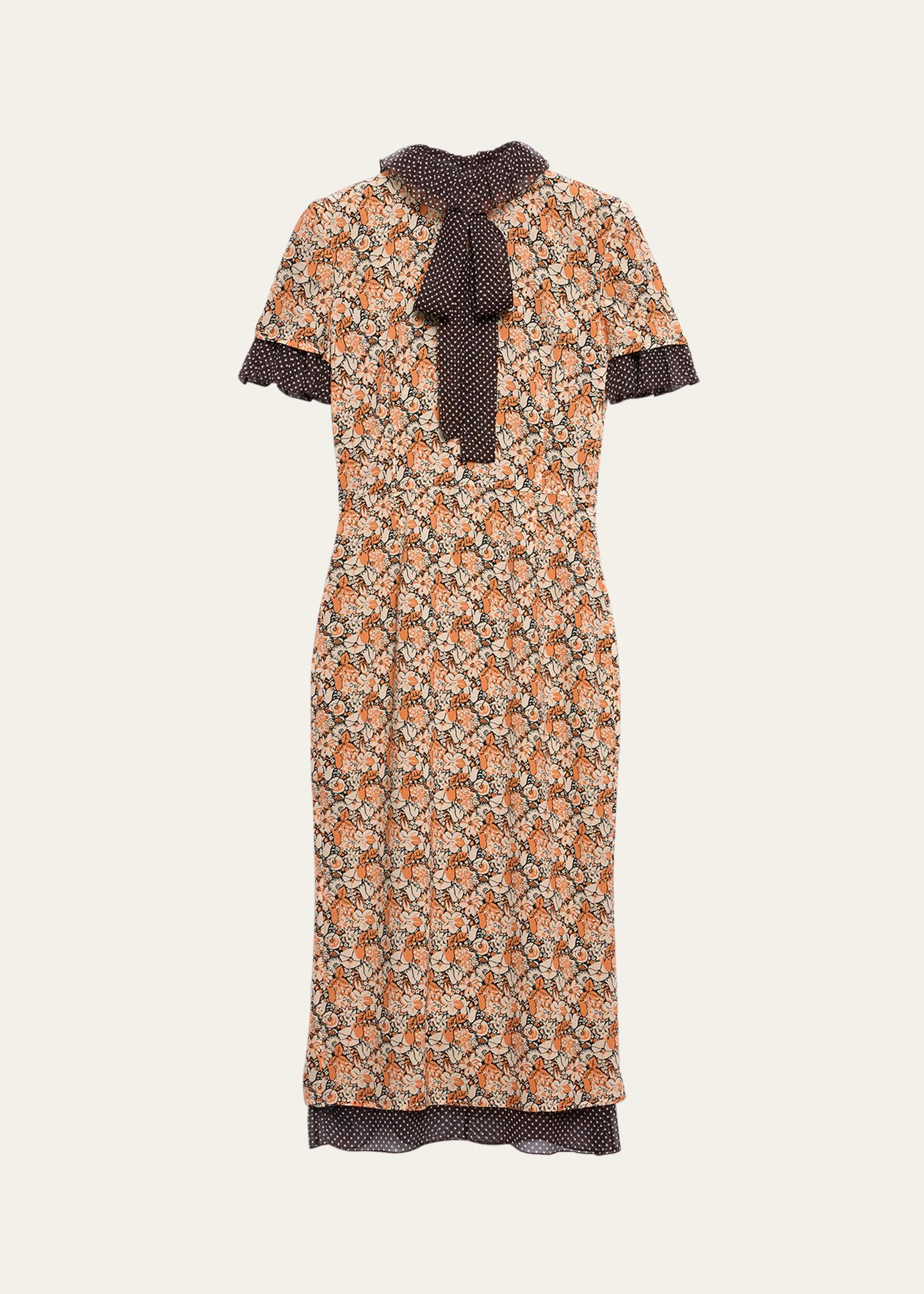 floral georgette and polka-dot chiffon layered midi dress with bow