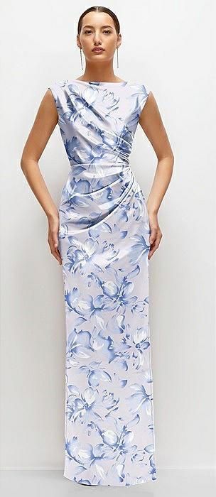 floral high neck sleeveless cap shoulder satin maxi dress
