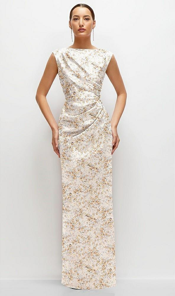 floral high neck sleeveless cap shoulder satin maxi dress