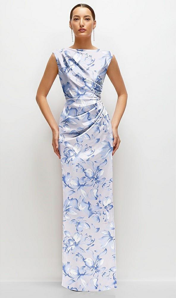 floral high neck sleeveless cap shoulder satin maxi dress