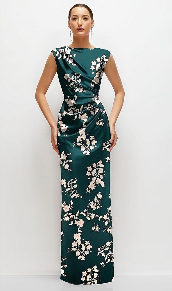 floral high neck sleeveless cap shoulder satin maxi dress