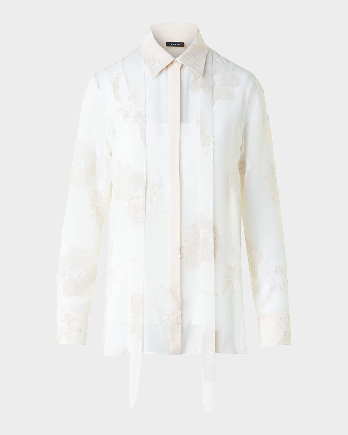 floral jacquard neck-tie button-down blouse