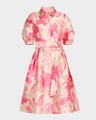 floral jacquard puff-sleeve shirtdress