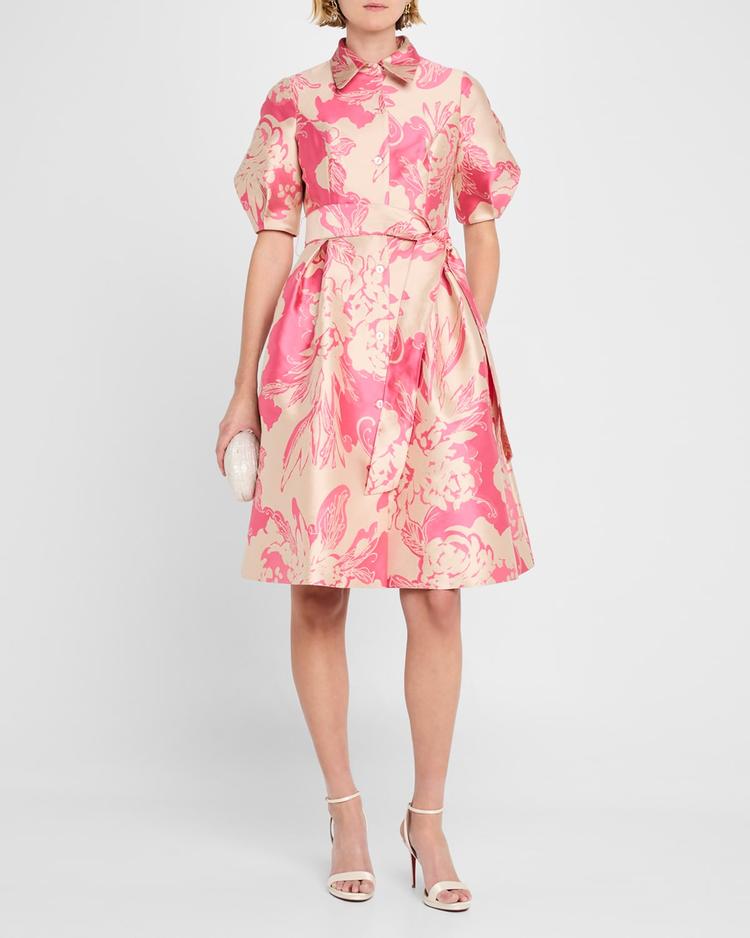floral jacquard puff-sleeve shirtdress