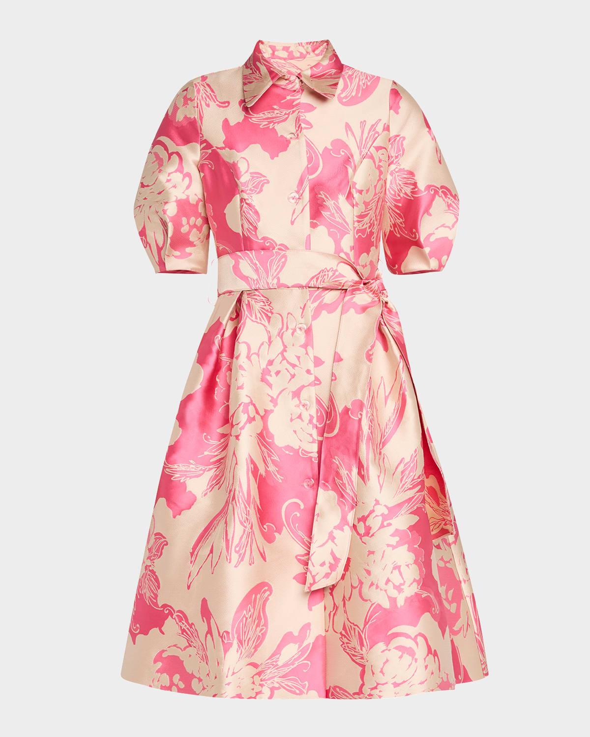 floral jacquard puff-sleeve shirtdress