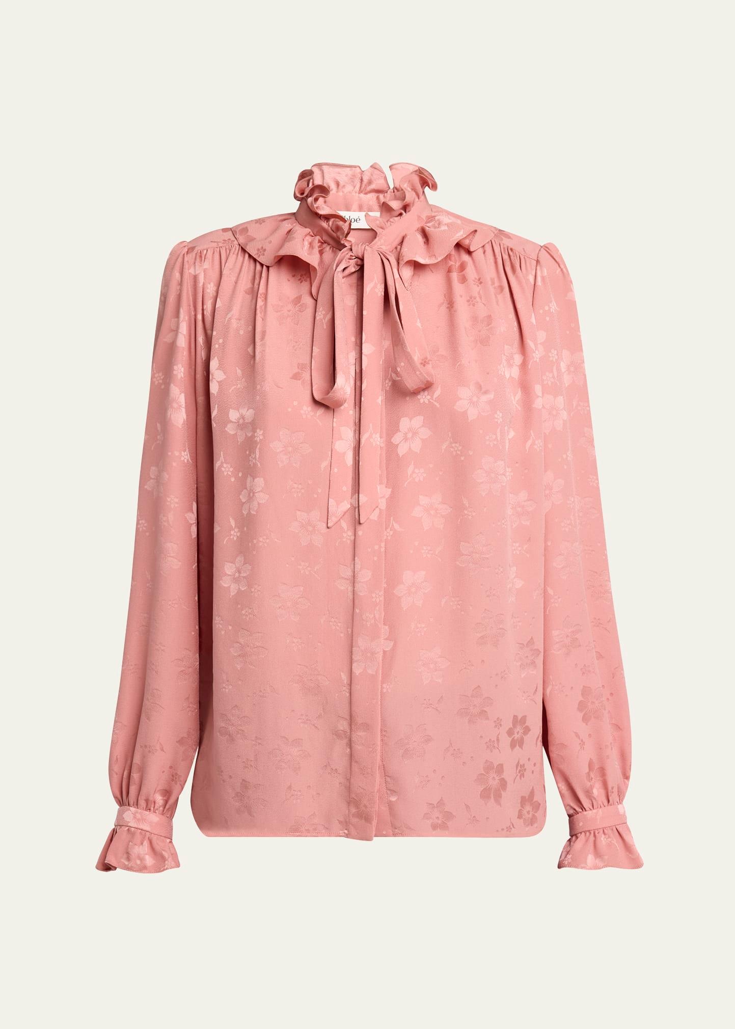 floral jacquard tie-neck ruffle blouse