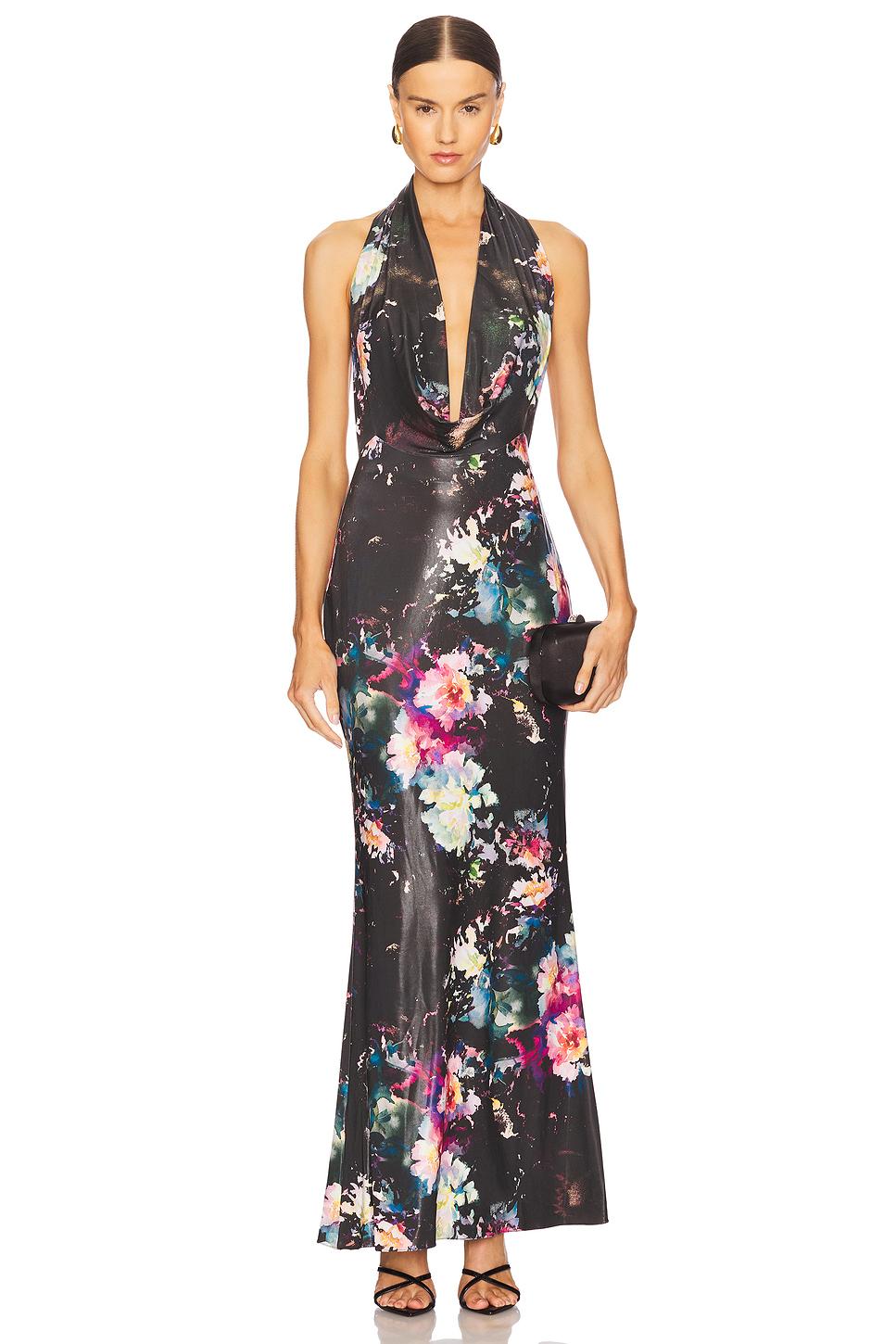 floral jersey deep cowl neck gown