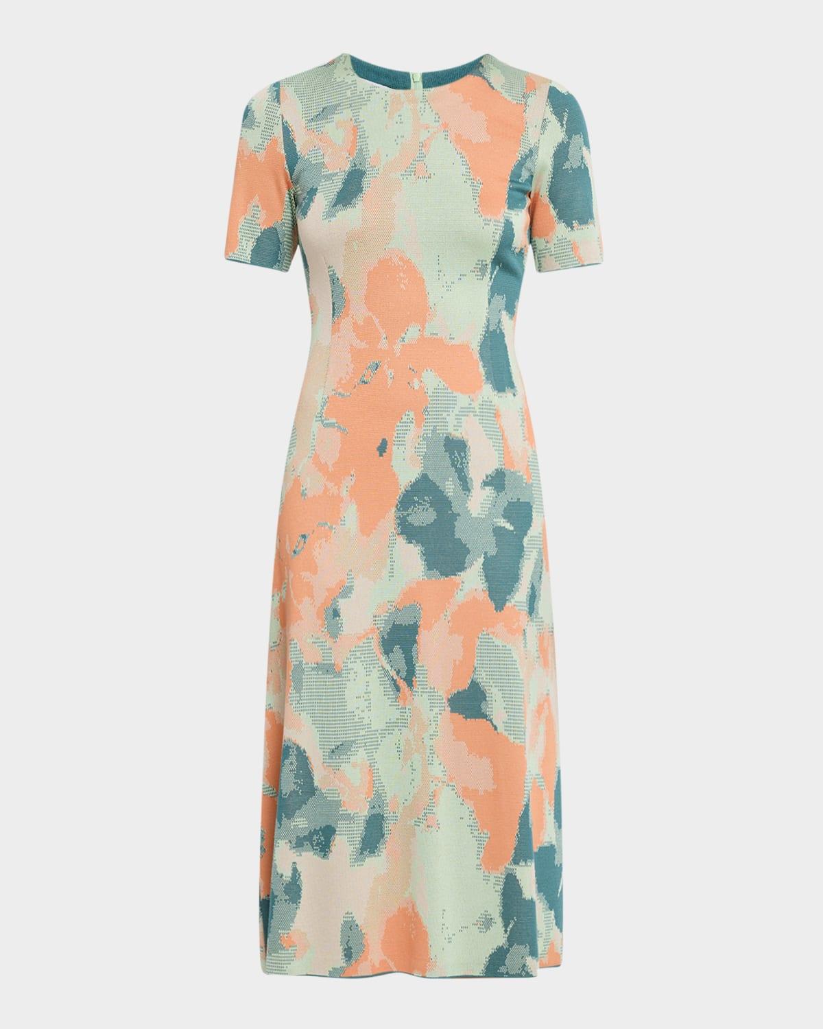 floral knit short-sleeve a-line midi dress