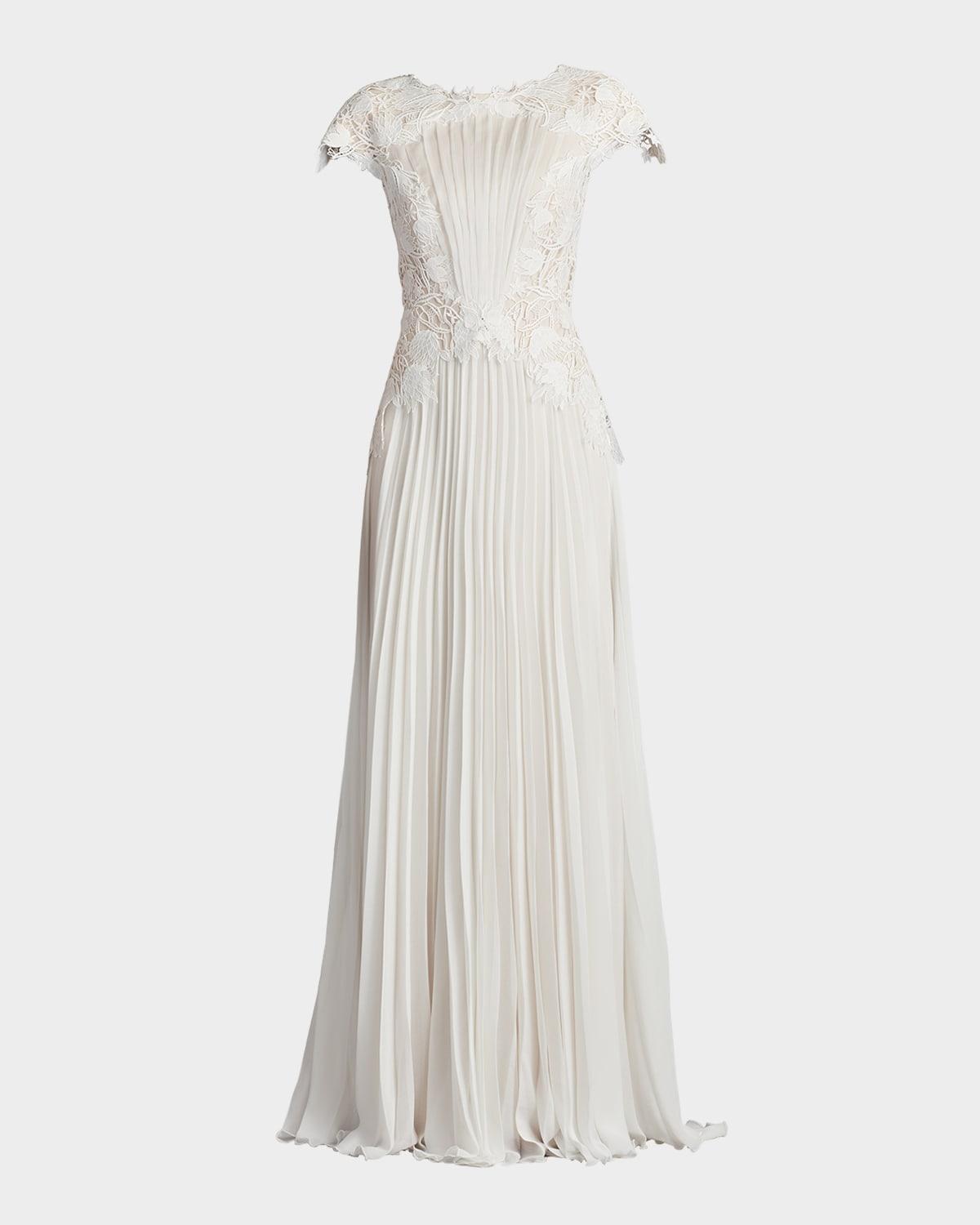 floral lace & pleated chiffon gown