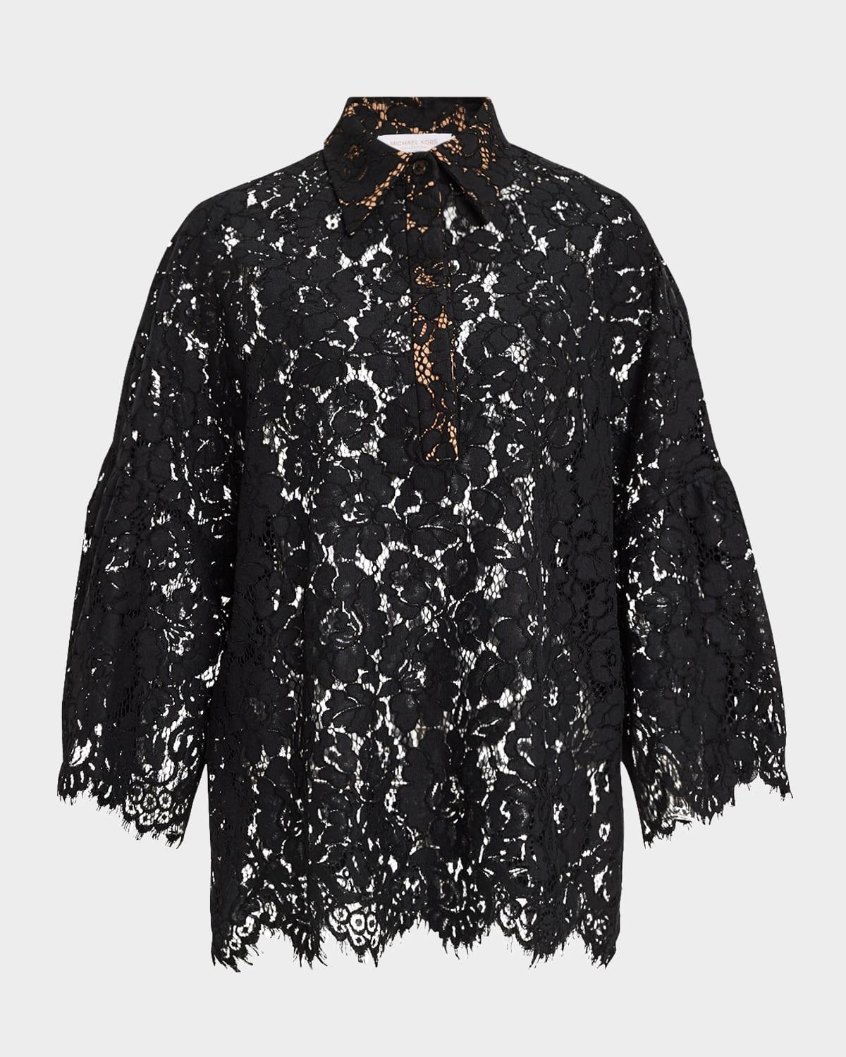 floral lace flare-sleeve button-down shirt