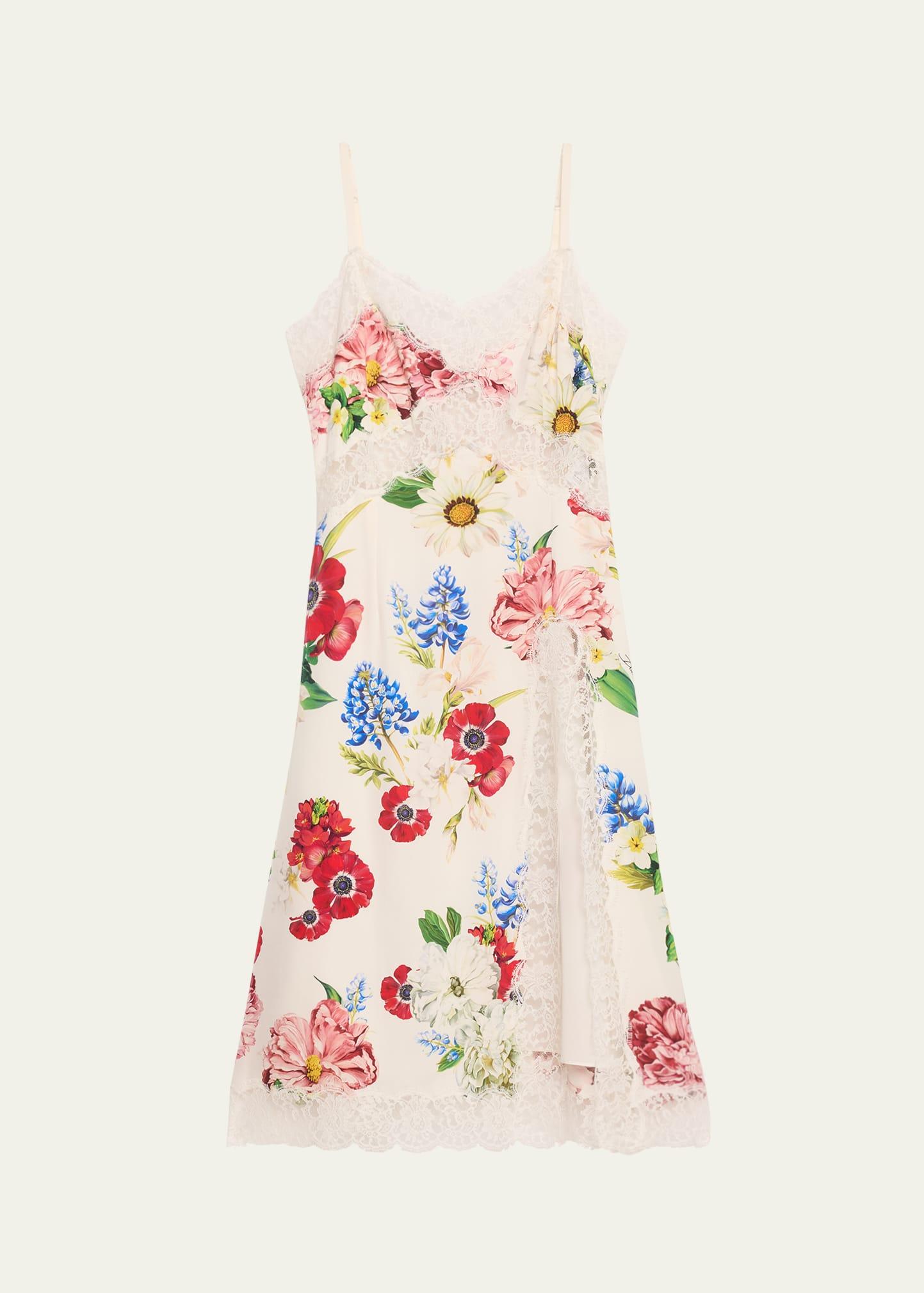 floral lace-trim slit midi slip dress