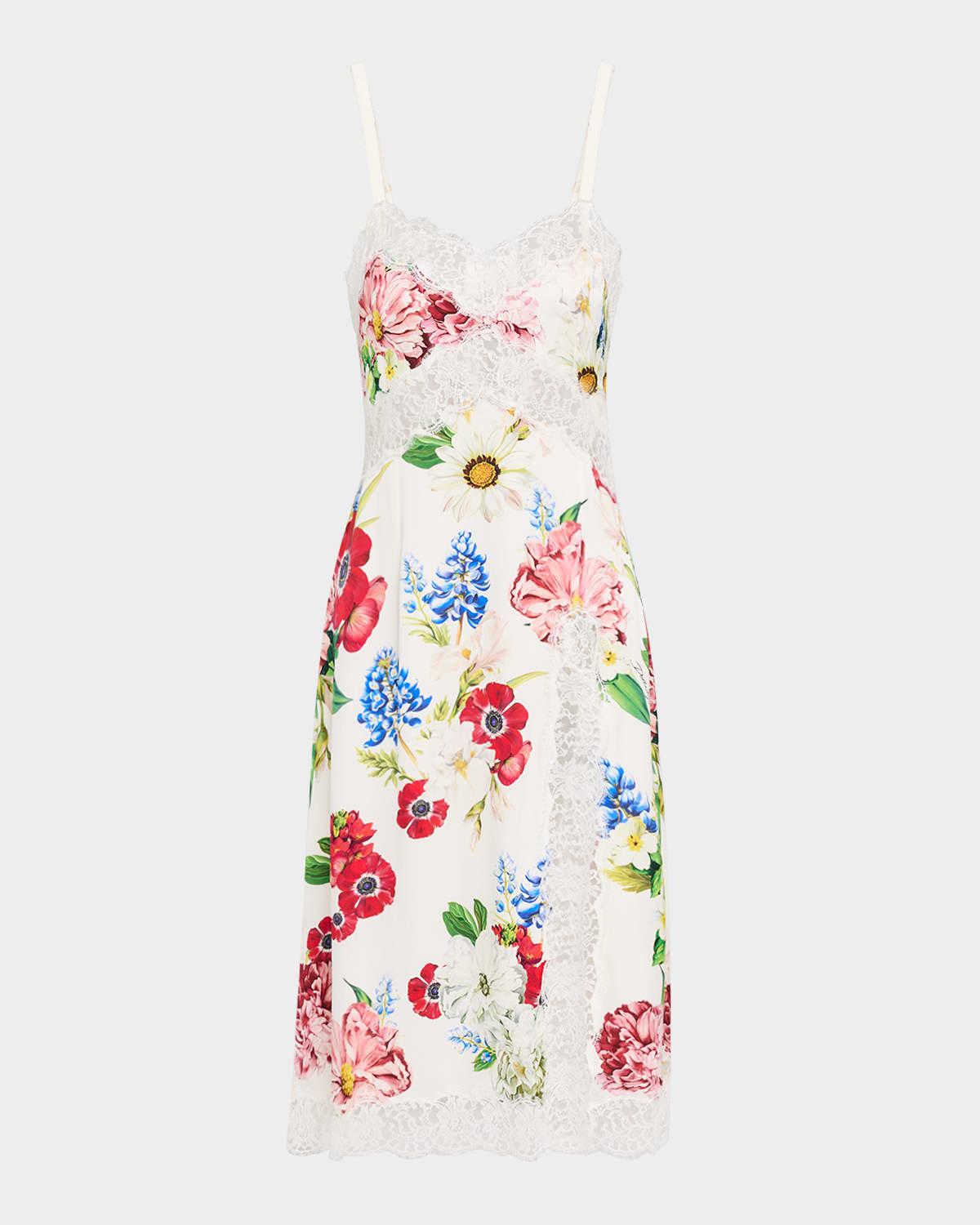 floral lace-trim slit midi slip dress