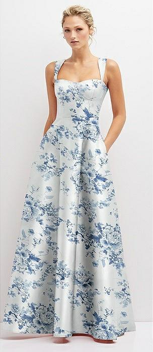 floral lace-up back bustier satin dress with full skirt and pockets
