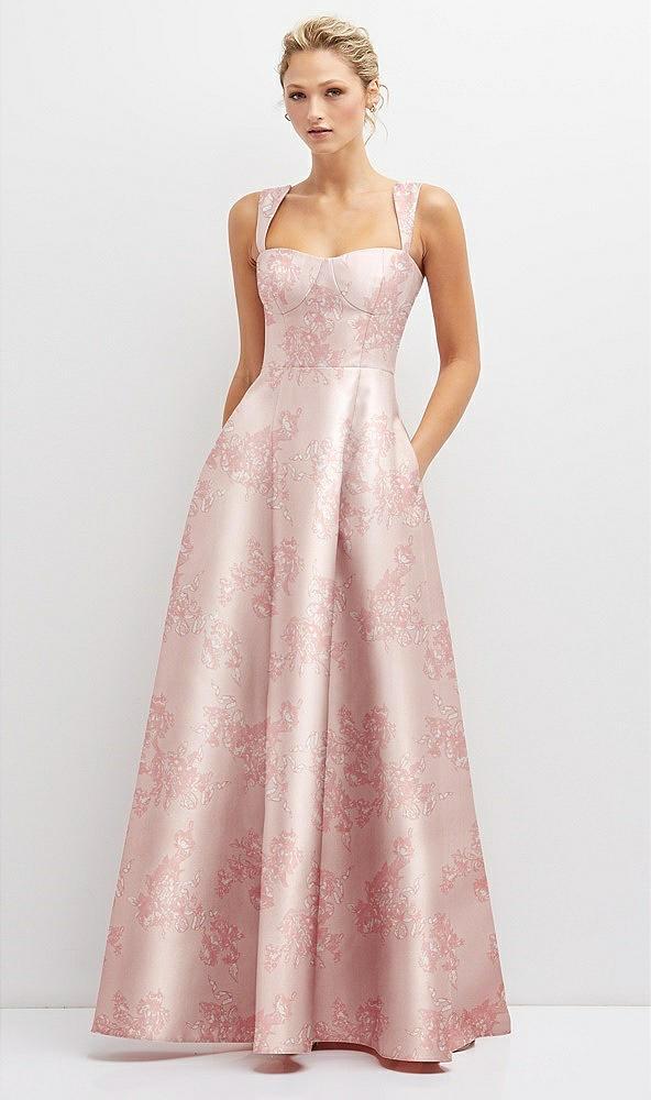floral lace-up back bustier satin dress with full skirt and pockets