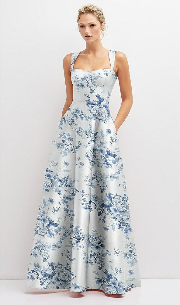 floral lace-up back bustier satin dress with full skirt and pockets