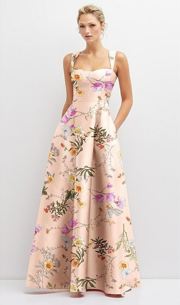 floral lace-up back bustier satin dress with full skirt and pockets