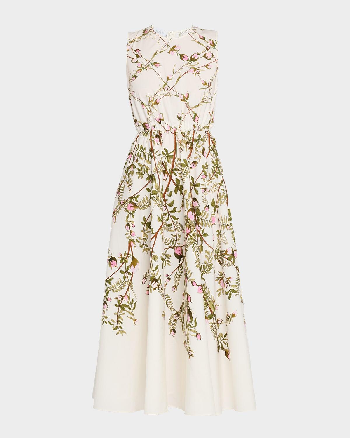 floral lattice-print popeline sleeveless midi dress