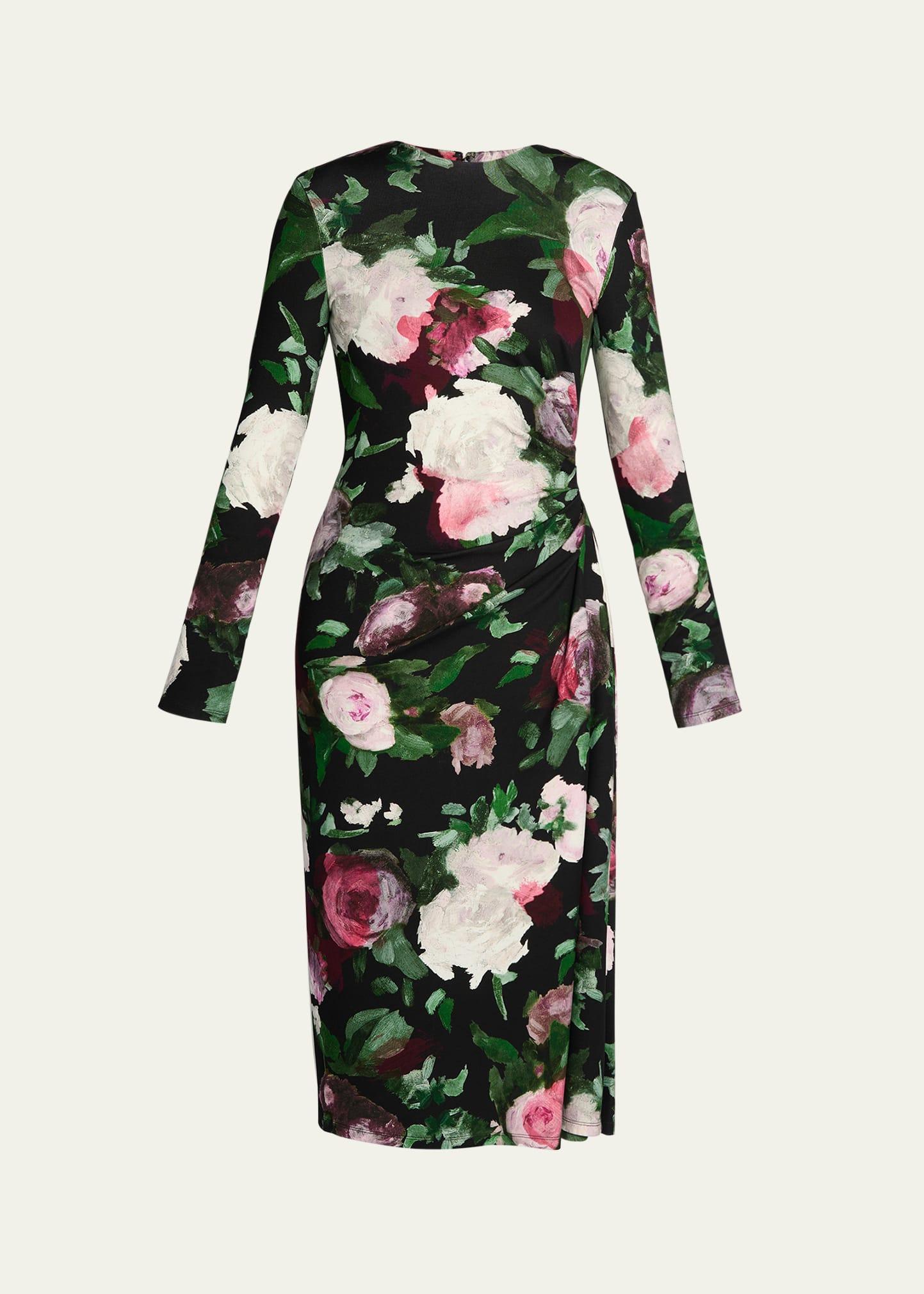 floral long-sleeve draped midi dress