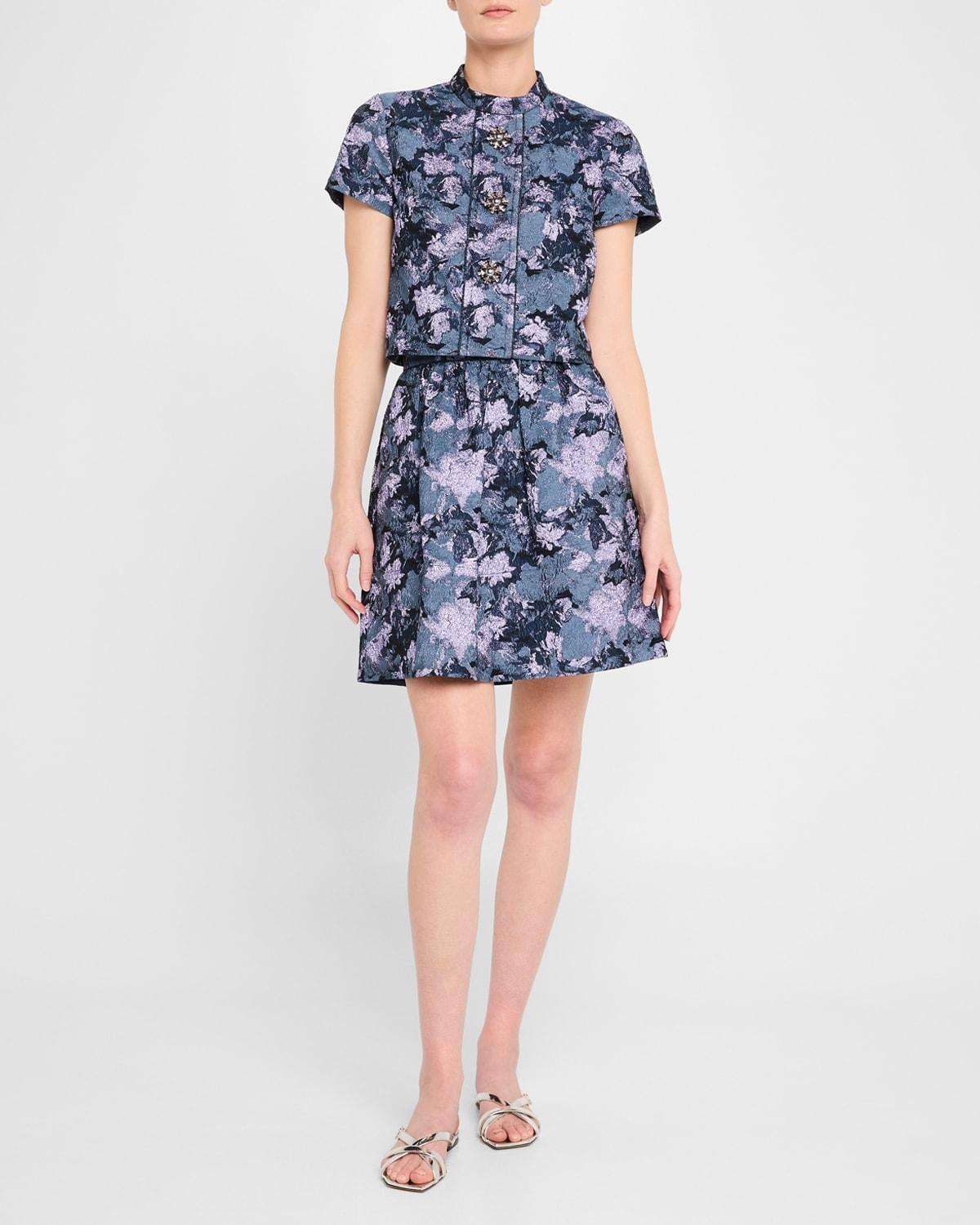 floral metallic gaufre short-sleeve crop top