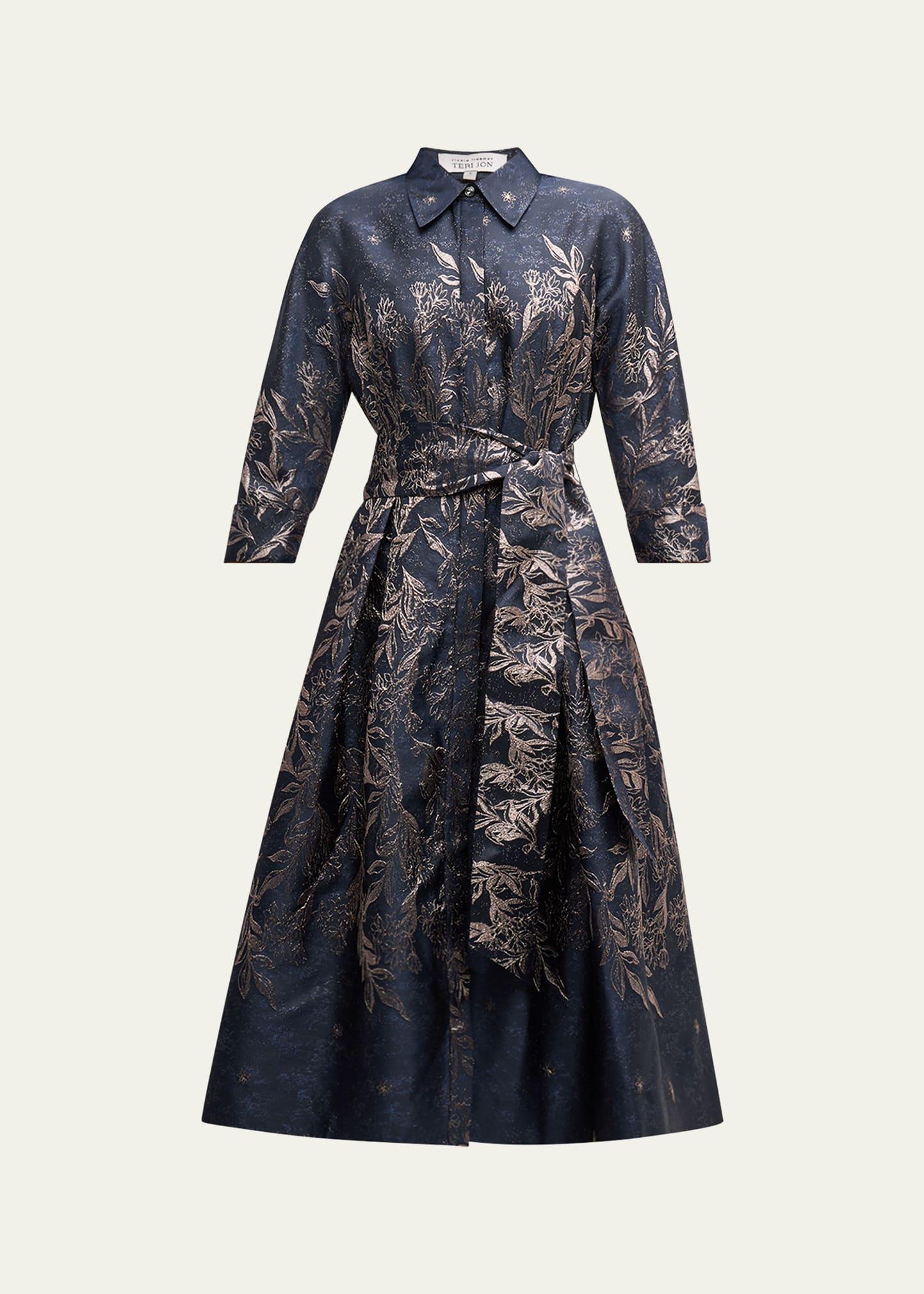 floral metallic jacquard midi shirtdress