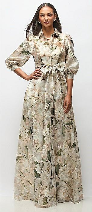 floral metallic organza jacquard shirt dress with full maxi skirt & sash