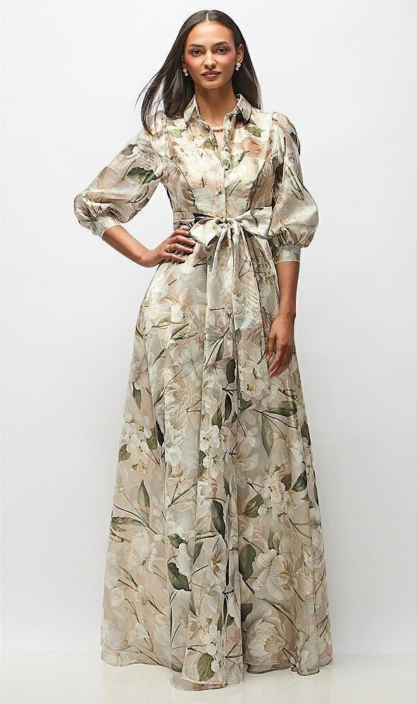 floral metallic organza jacquard shirt dress with full maxi skirt & sash