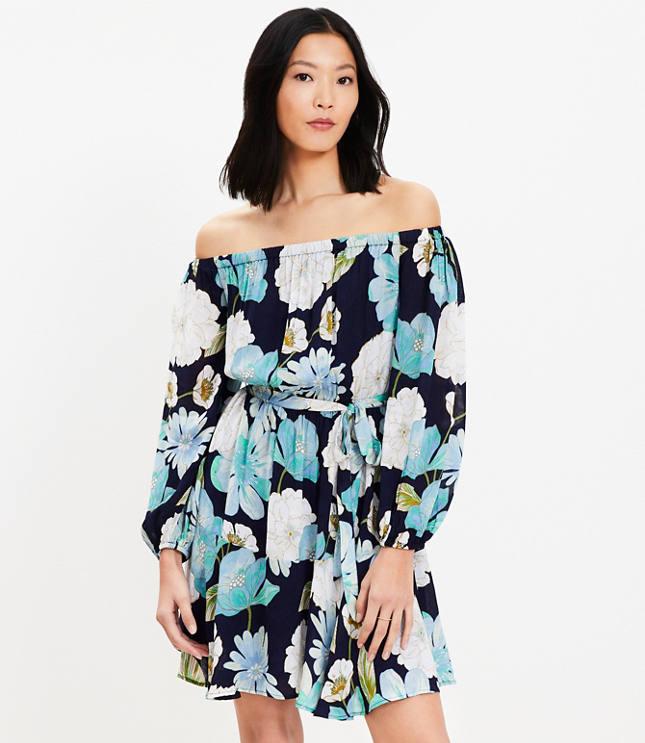 floral off the shoulder mini flounce dress