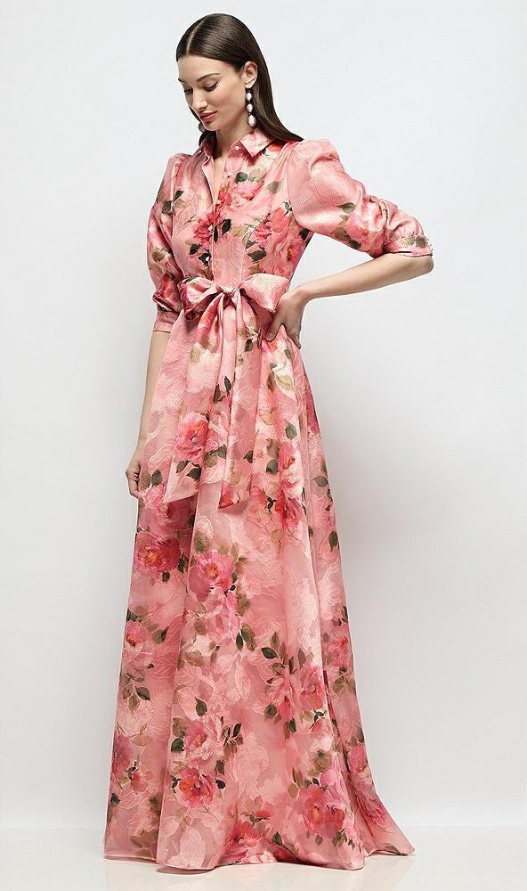 floral organza jacquard shirt dress with full maxi skirt & sash