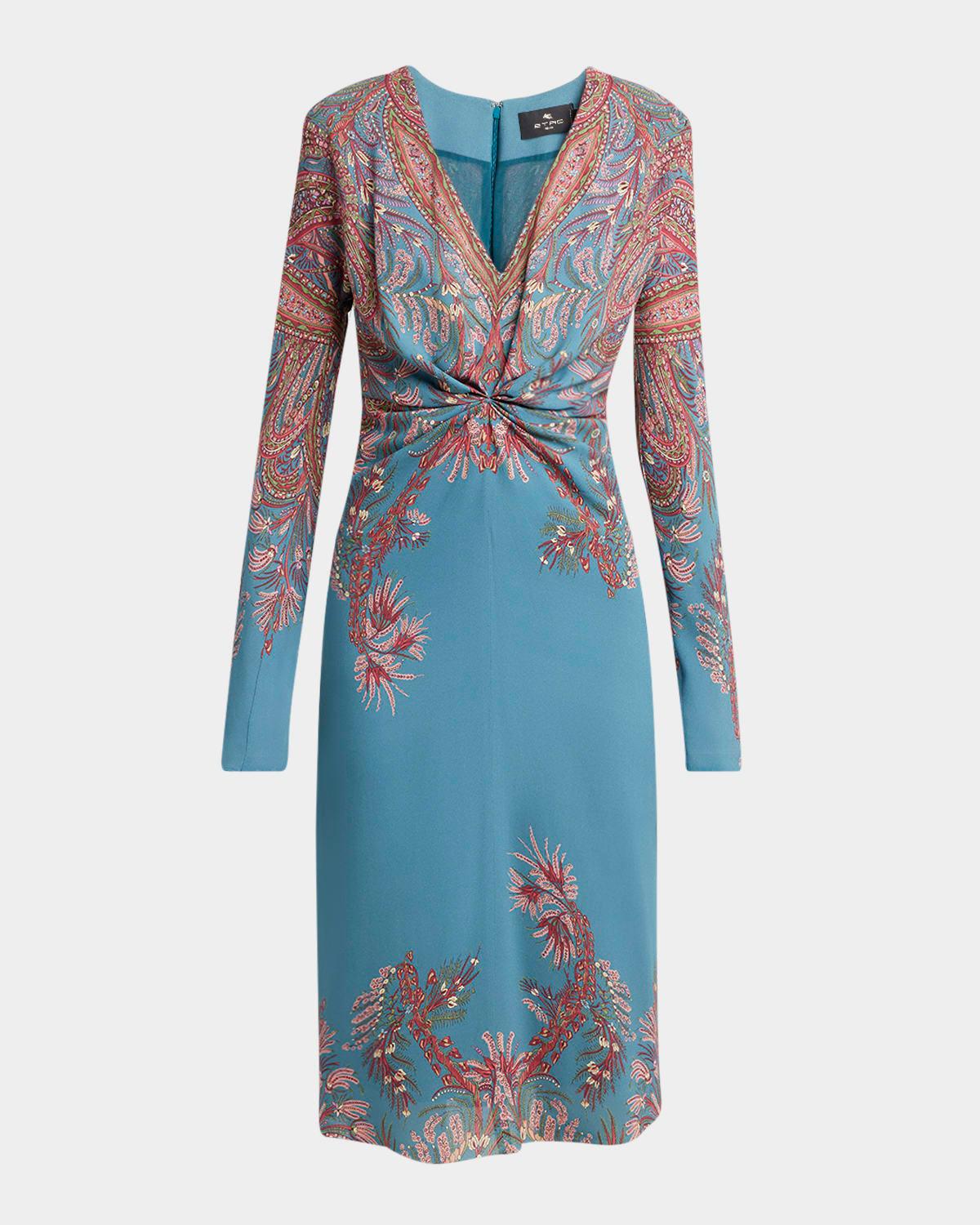 floral paisley long-sleeve ruched cady dress