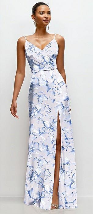 floral pleated faux wrap satin maxi dress with adjustable spaghetti straps