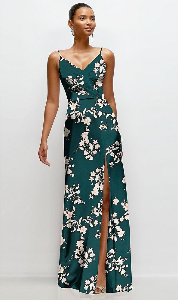 floral pleated faux wrap satin maxi dress with adjustable spaghetti straps