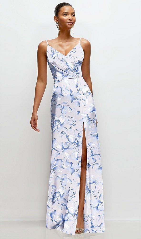 floral pleated faux wrap satin maxi dress with adjustable spaghetti straps