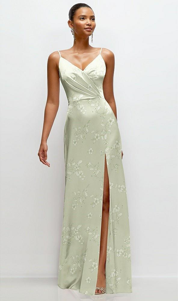 floral pleated faux wrap satin maxi dress with adjustable spaghetti straps