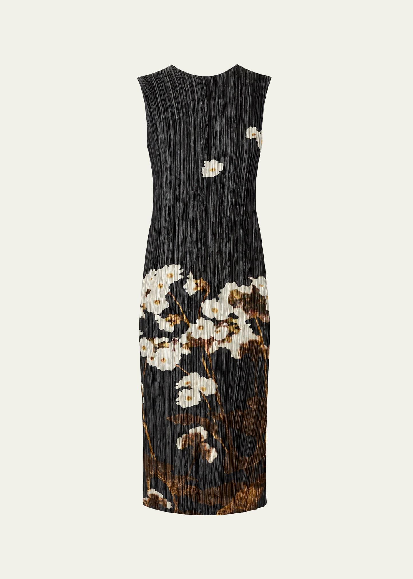floral pleated sleeveless midi dress