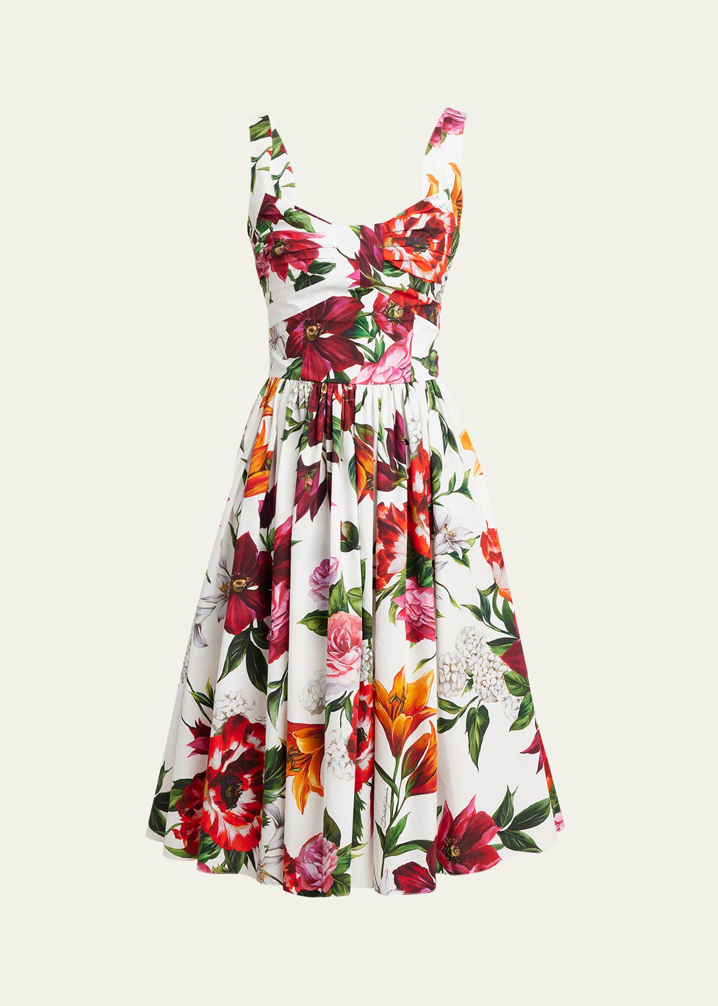 floral poplin pleated bust fit-&-flare dress