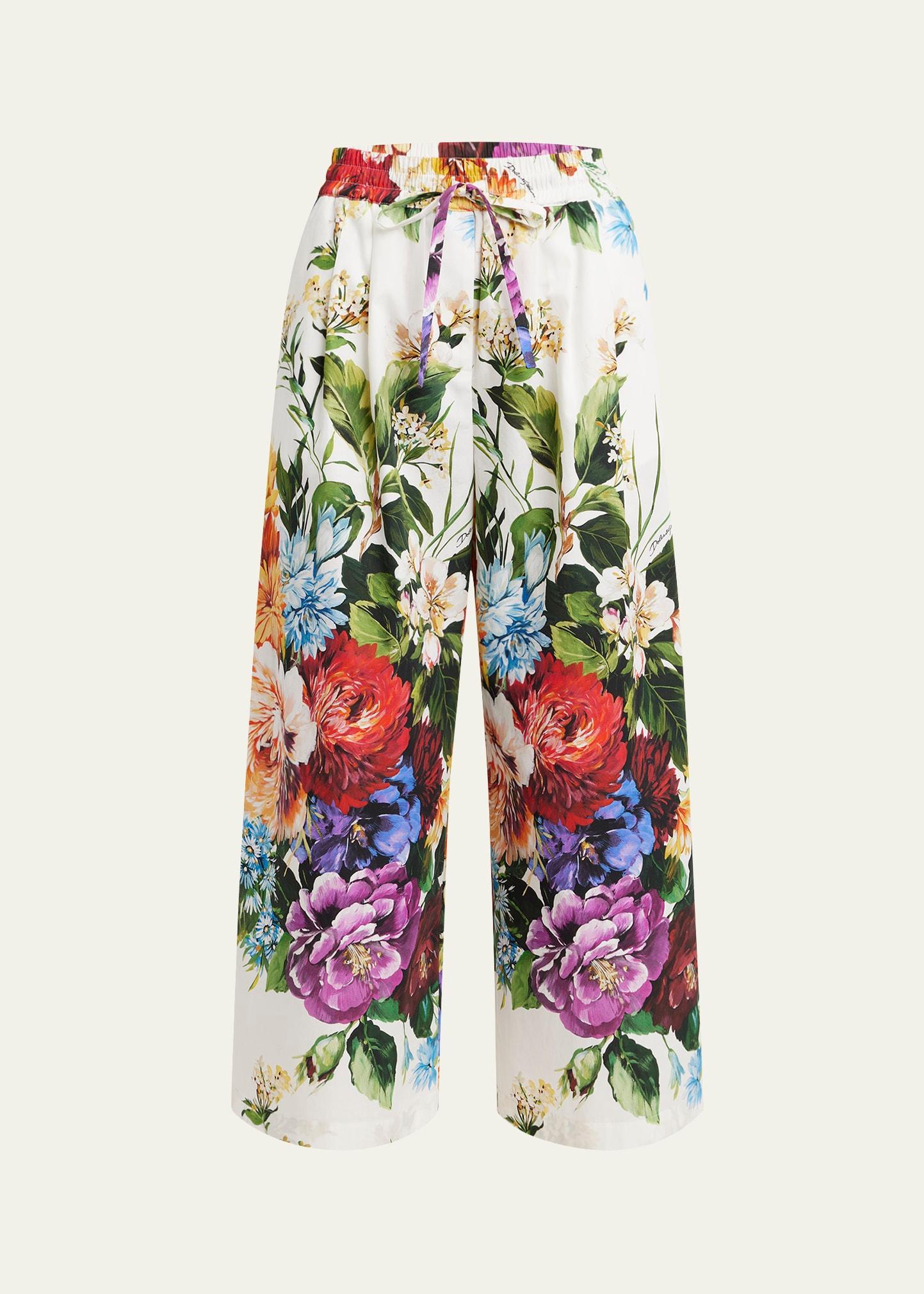 floral popline straight-leg ankle pull-on pants