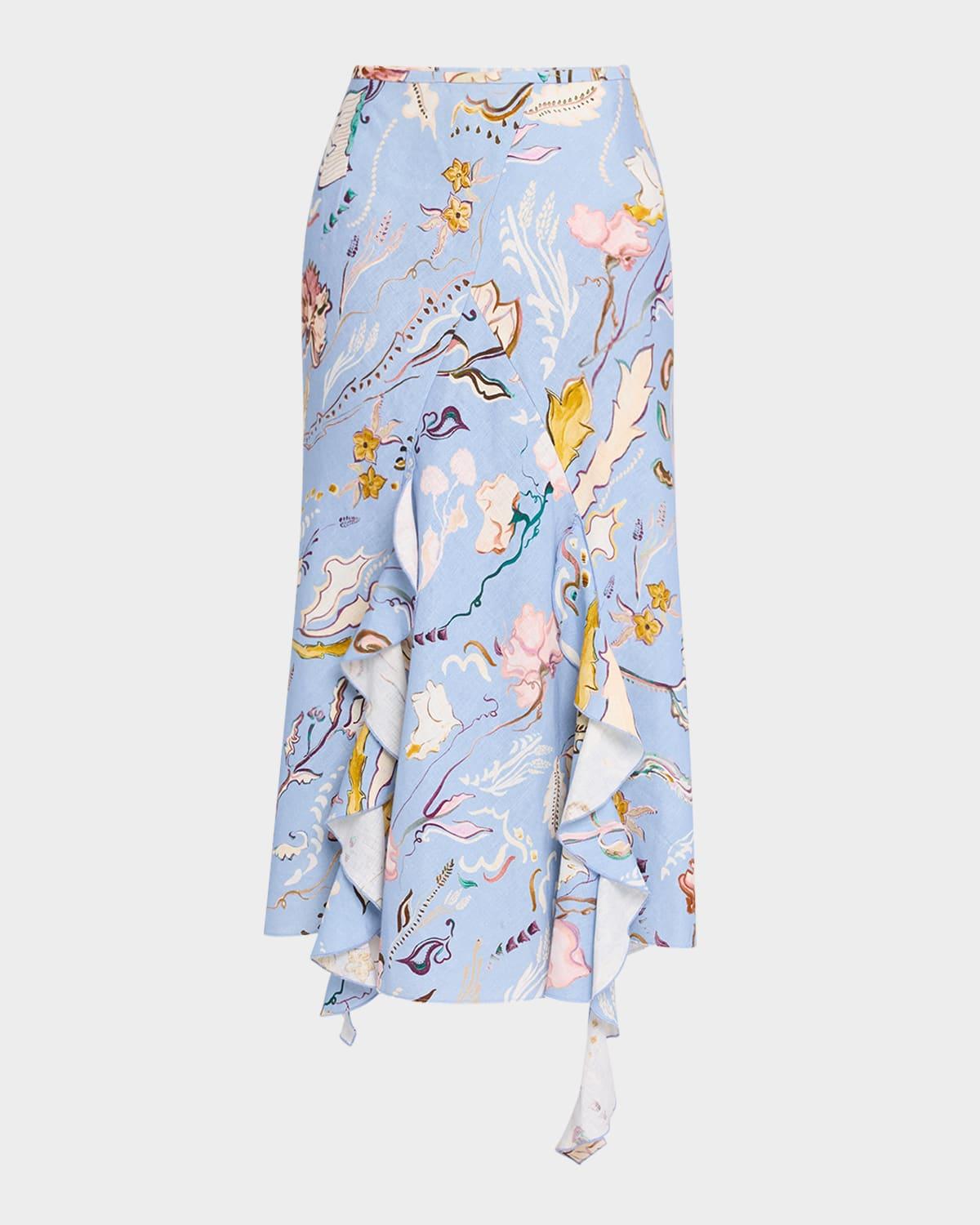 floral power printed ruffle midi skirt