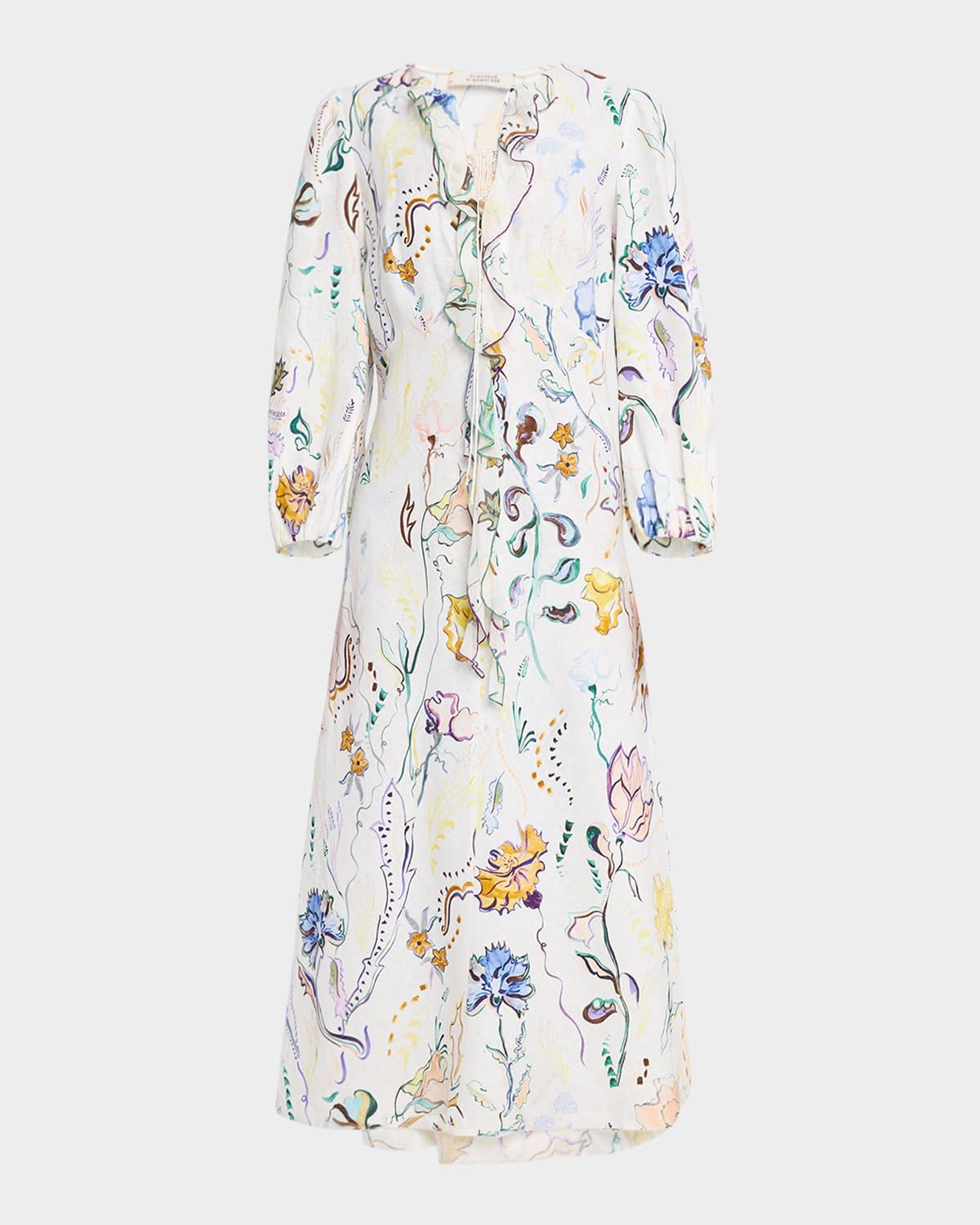 floral power ruffle-front linen maxi dress
